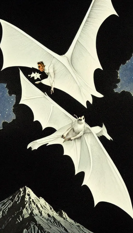 Prompt: a white bat, flying against a dark black night sky, mountain in the background, moonlight, denoised, very detailed, painted by, norman rockwell, tom bagshaw