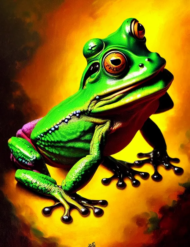 Prompt: an anthropomorphic bipedal frog that is wearing vibrant robes, a matte oil painting by rembrandt, in the style of a d & d character, bubbles, extreme pose, magic, concept art, psychedelic, award - winning, extremely detailed, sharp focus, 4 k