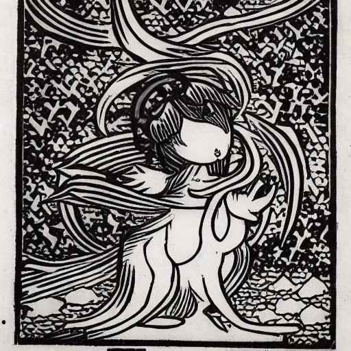 Image similar to Kyubey in the style of Japanese and European woodcuts