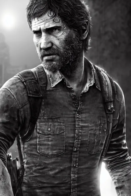 Image similar to ultra realistic facial portrait of joel from the last of us part 2, digital art, character portrait, highly detailed, trending on artstation, lens flare, atmosphere, hyper realistic, cinematic lightning, sharp focus, unreal engine 5, extreme details perfect face, pretty face, fine - face, illustration, 8 k, ultra texture, masterpiece