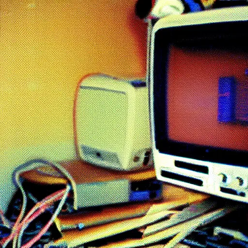 Image similar to low fidelity, low quality grainy image of a bright crt in a cluttered, claustrophobic orange room. the walls are closing in, the window to the digital soul stares intently. skeletons, tornados, sewers, computational prowess