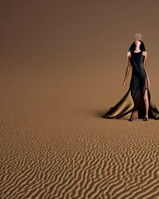 Image similar to standing in an abstract desert dunes criss-crossed with razor-thin lasers and threads, a young beautiful elegant blindfolded fashion model woman wearing posing in a splendid shiny metallic party dress, face and eyes obscured by a floating mid-air laserbeams and geometry