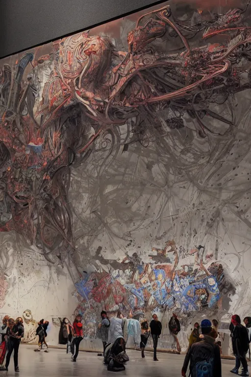 Prompt: people looking at a large graffiti painting in a contemporary museum, dark, intricate, highly detailed, smooth, artstation, digital illustration by moebius and james jean and Artgerm and yoshitaka Amano and Greg Rutkowski and Zdislav Beksinski