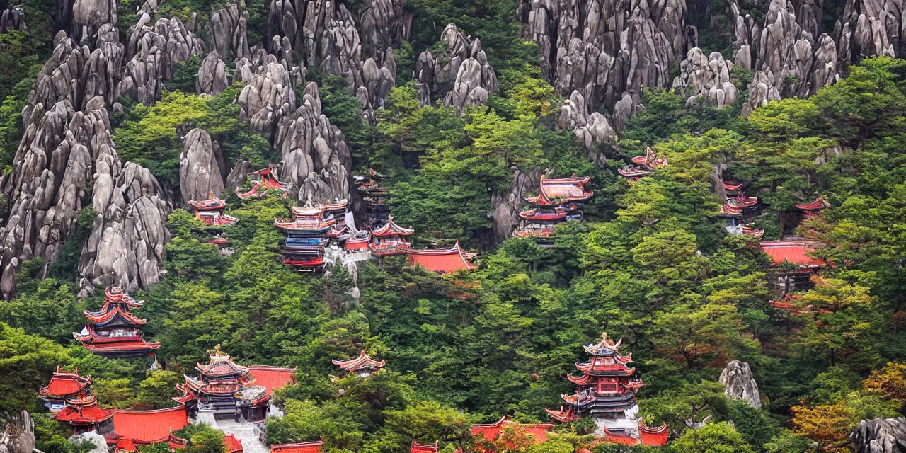 Prompt: taoist temples in huangshan, landscape by joos de momper