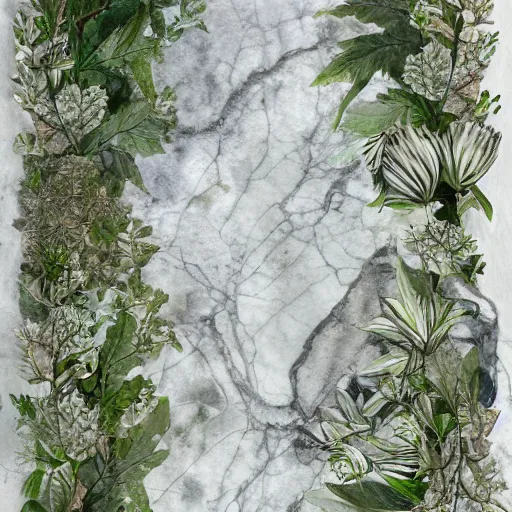 Image similar to delicate marble garden on paper, stony, puffy, botanical herbarium, botanic watercolors, iridescent colors, 8 k, realistic shaded, fine details, artstation, italian, colonnade, oak tree, pinecone, pomegranade, hydrangea, vines, gardena architecture, pompeii