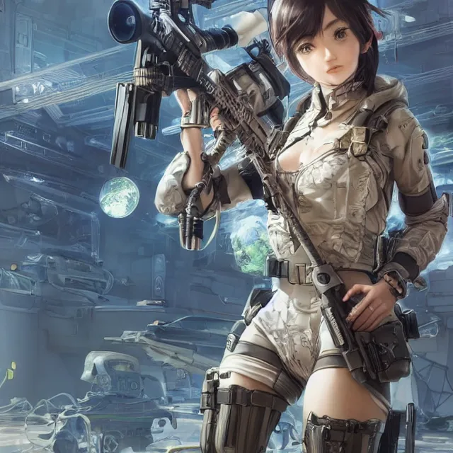 Image similar to the hyperrealistic portrait of lawful neutral female futuristic marine sniper as absurdly beautiful, gorgeous, elegant, young anime gravure idol, an ultrafine hyperdetailed illustration by kim jung gi, irakli nadar, intricate linework, bright colors, octopath traveler, final fantasy, unreal engine 5 highly rendered, global illumination, radiant light, detailed and intricate environment