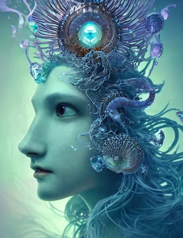 Image similar to goddess macro close - up portrait wigh crown made of ram skull. betta fish, jellyfish phoenix, bioluminiscent, plasma, ice, water, wind, creature, super intricate ornaments artwork by tooth wu and wlop and beeple and greg rutkowski