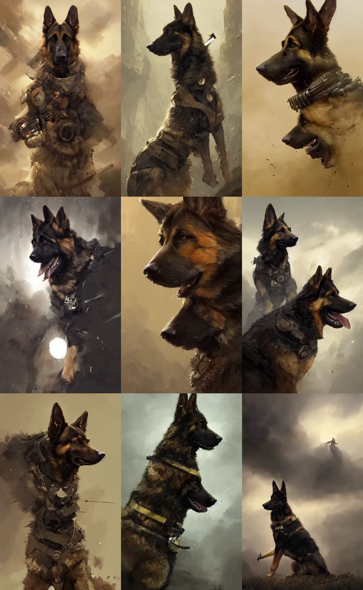 Prompt: a german shepherd as hawkeye, concept art, detailed face, fantasy, highly detailed, cinematic lighting, digital art painting by greg rutkowski