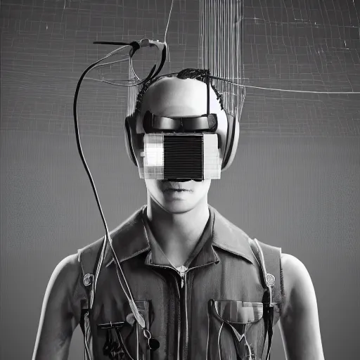 Prompt: rpg character concept art, modular synth musician patching cables, wires flying in the air, wearing a bespoke vr headset designed by demobaza, in the style of jamie hewlett hiroya oku riyoko ikeda, 3 d render, artstation trending, 8 k, octane render, photorealistic, sharp detail, manga, black and white