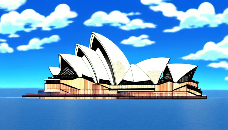 Image similar to scenic view of sydney opera house, in the style of makoto shinkai, sunny, blue skies, soft clouds, anime, 4 k, detailed