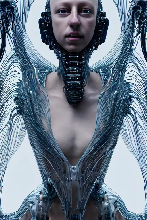 Prompt: iris van herpen, young woman beautiful face, perfect symmetrical body, full body shot, inflateble shapes, wires, tubes, veins, jellyfish, white biomechanical details, wearing epic bionic cyborg implants, masterpiece, intricate, biopunk, vogue, highly detailed, artstation, concept art, cyberpunk, octane render
