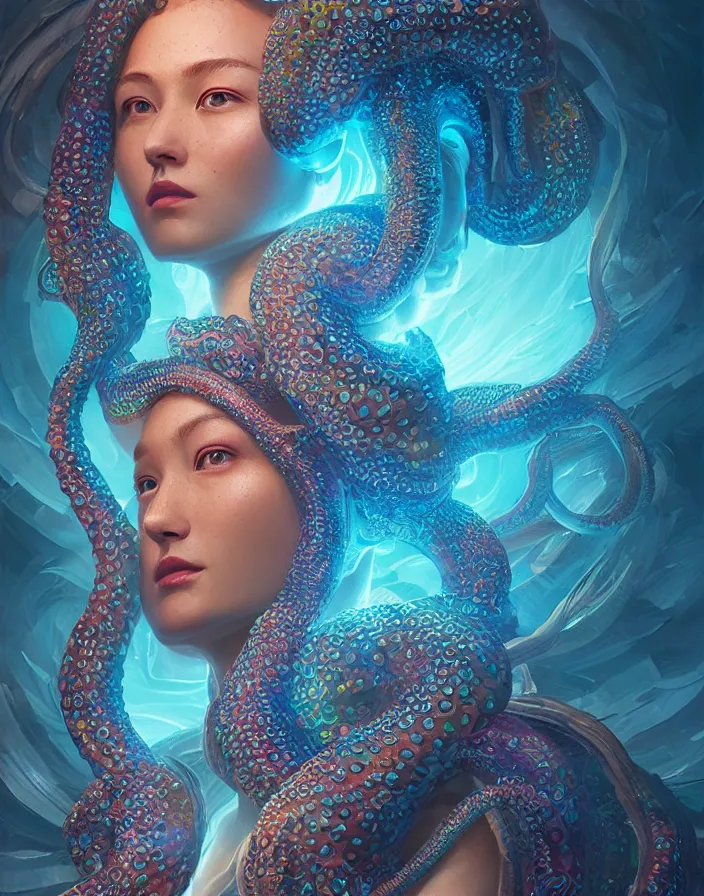 Image similar to goddess portrait. iridescent octopus phoenix head. intricate artwork by Tooth Wu and wlop and beeple and dan mumford. octane render, trending on artstation, greg rutkowski very coherent symmetrical artwork. cinematic, hyper realism, high detail, octane render, 8k, depth of field, bokeh