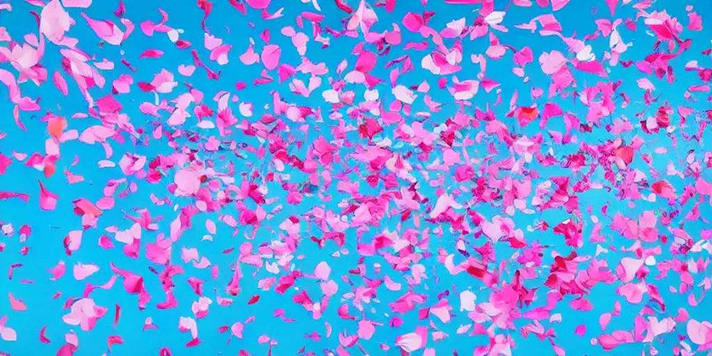 Image similar to background art of spaciously scattered flower petals flowing and floating through the blowing swirling directional wind from left to right on a simple cloudy blue sky background, large individual rose petals, angular background elements, polygonal fragments, anime, artgerm, manga, trending on artstation, art nouveau, mature color scheme