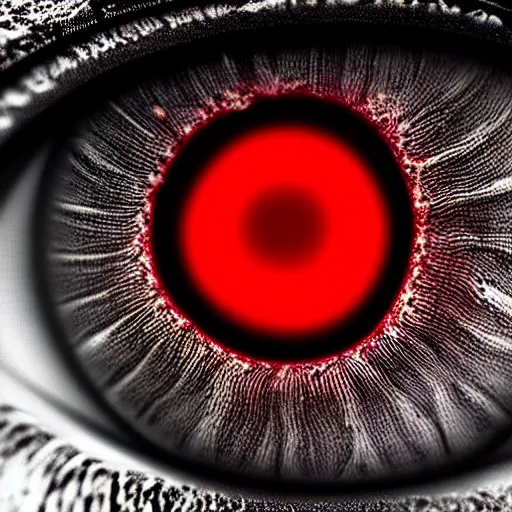 Image similar to a detailed extremely close up of inside the iris, cornea, red image, microscopic, extremely close up drawing by junji ito, cgsociety, generative art, lovecraftian, parallax, cosmic horror, extremely detailed, hyperrealism, unreal engine, octane render, award winning, masterpiece, highly detailed, realistic, 4 k, digital