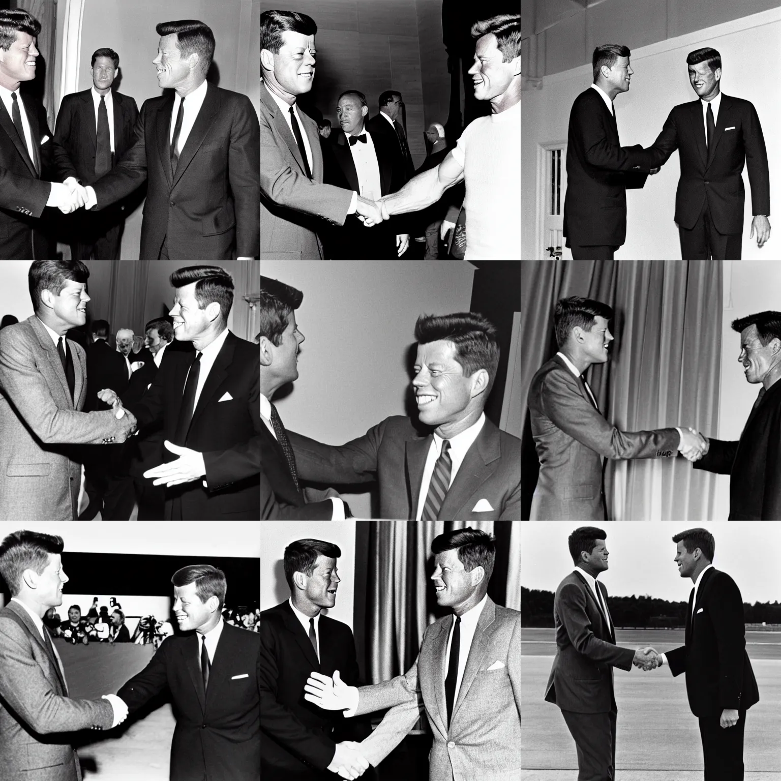 Prompt: John F. Kennedy and Arnold Schwarzenegger doing a handshake