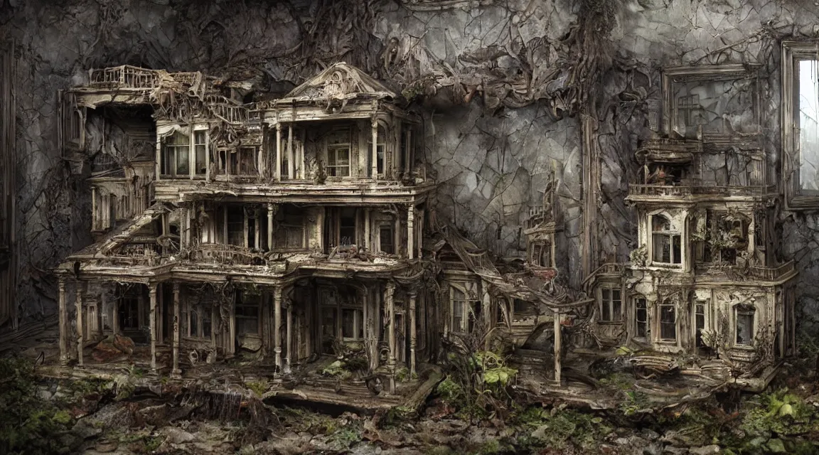 Image similar to incredible Lori nix diorama of a singular haunted house designed by hr giger, on display, spooky museum lighting, 3d high poly render with octane an cryengine, 8k post-processed Fuji film LUT