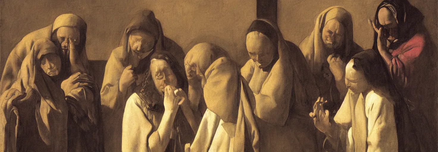 Prompt: a vermeer drawing of three maria's crying at the death of christ