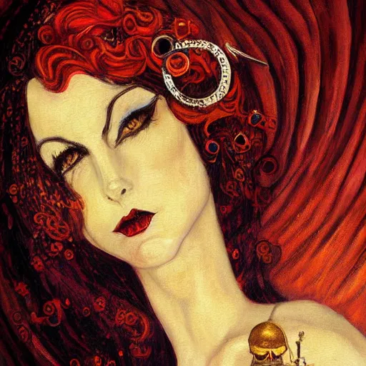 Image similar to A beautiful painting of a lady vampire, steampunk, dracula, soft light, cinematic, klimt