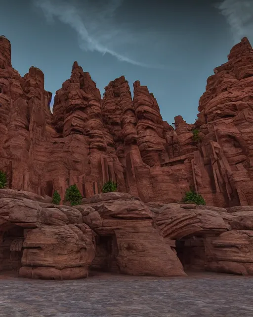 Prompt: beautiful dwelling complex of sandstone, built in red rock canyon, a fusion of star wars and gothic revival architecture, natural volumetric lighting, realistic high detail 4 k render