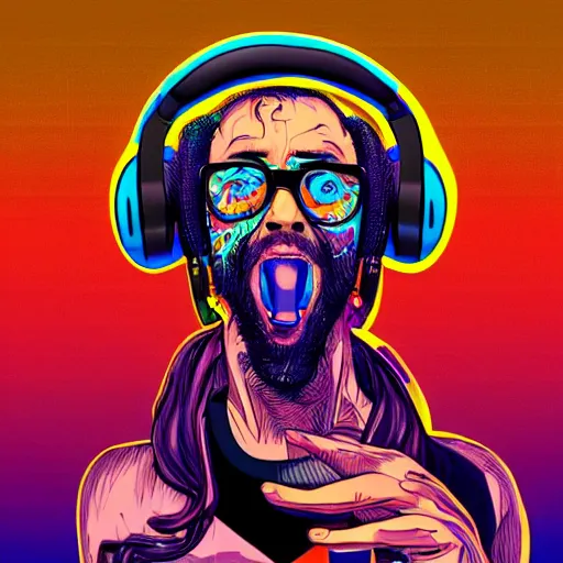 Prompt: artgerm, psychedelic android, rocking out, headphones dj rave, digital artwork, r. crumb, svg vector