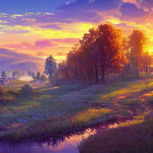 Image similar to a masterpiece detailed beautiful landscape of russian village, trees, lake, mountains, golden hour, sunset, by Makoto Shinkai