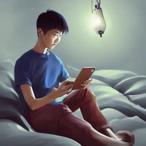 Image similar to beautiful detailed!!!!!! digital painting of a short asian teenager with short hair sitting in a bean bag and playing on his phone in his dark!!! dimly - lit blue messy room, stunning digital painting, top digital painting, expressive character design, 4 k quality, highly detailed, smooth, sharp focus, clear, trending on artstation