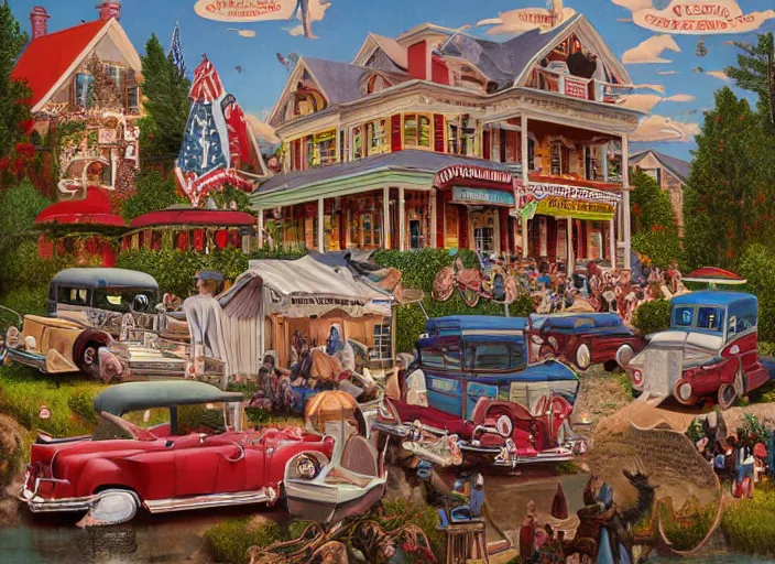 Image similar to americana tourism, lowbrow, matte painting, 3 - d highly detailed, in the style of mark ryden,