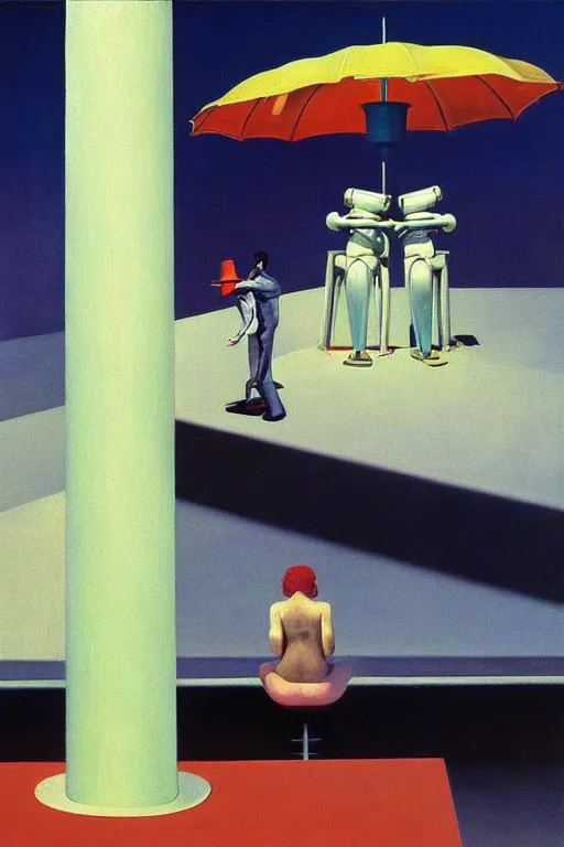 Image similar to liminal vaporwave robot surrealism dreams, painted by Edward Hopper, painted by salvador dali, painted by moebius, airbrush