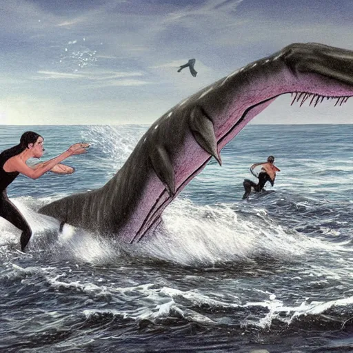 Prompt: terrifying plesiosaur attacking swimmers at the beach. detailed, realistic, photograph.