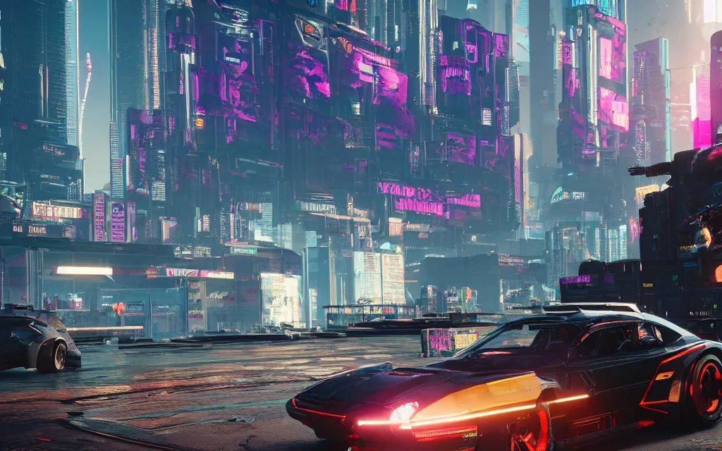 Image similar to Cyberpunk 2077 car Quadra Turbo-R V-Tech, driving down dusty city dystopian, long distance shot , by Mead, Syd