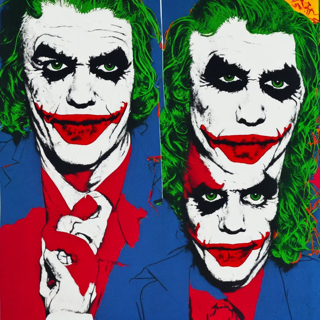 Image similar to individual silk screen portrait of the joker by andy warhol