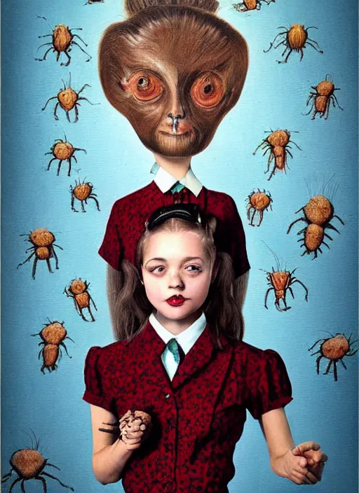 Image similar to surreal portrait of a girl whose head is a tarantula and whose body is dressed in a 1950s school dress, inspired by Mark Ryden and Marion Peck, hints of Cronenberg