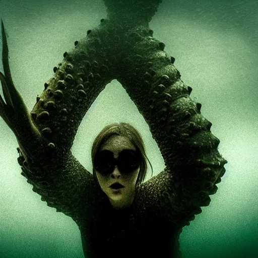 Image similar to sea monster, wide angle, pov underwater, pale skin, dark, foggy water, dramatic,'silent hill ', big eyes, terrifying, horrific, cinematic