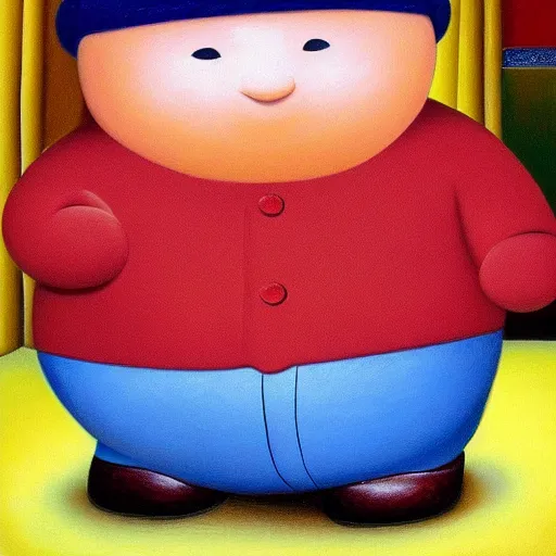 Prompt: a fernando botero painting of eric cartman, oil on canvas, art