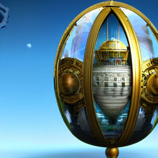 Prompt: enormous flying megapolis inside of a faberge egg, sky, steampunk, fantasy art, unreal engine