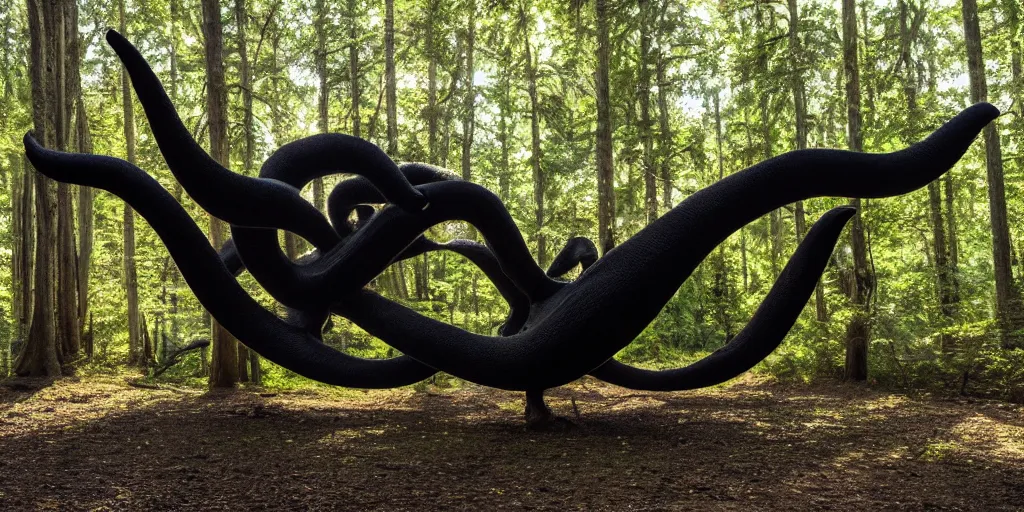 Prompt: a giant black octopus in the middle of a forest, winding around trees, beautiful ambient light, sun rays hitting the slightly transparent creature, 8k photography