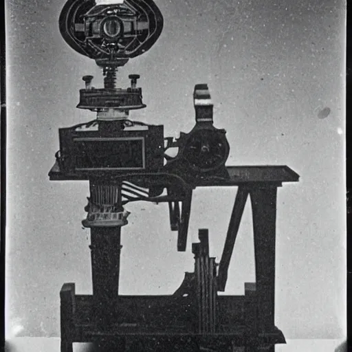 Image similar to grainy 1800s photo of a mechanical apparatus that is projecting a hologram of an artificial intelligence