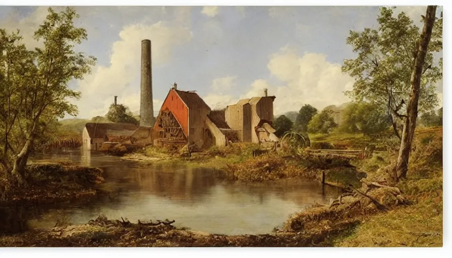 Image similar to a beautiful view of a mill next to a strem, by hermann ottomar herzog