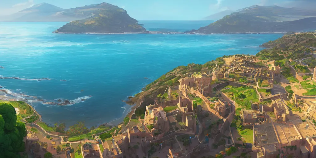 Image similar to Panoramic view of the Castle of Peñiscola and surrounding beaches, mattepainting concept Blizzard pixar maya engine on stylized background splash comics global illumination lighting artstation lois van baarle, ilya kuvshinov, rossdraws