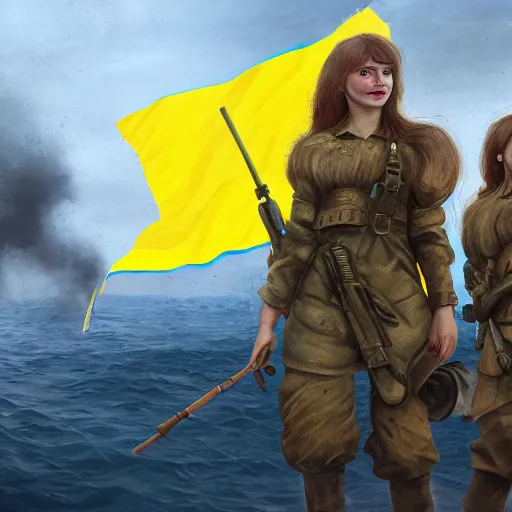 Image similar to ukrainian girls with ukrainian flag near big ruined warship, happy, concept art, trending on artstation, highly detailed, intricate, sharp focus, digital art, 8 k