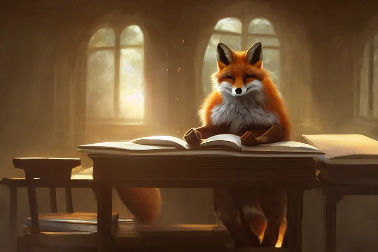 Image similar to portrait of a fox sat at a school desk doing schoolwork, trending on artstation, highly detailed, digital painting, volumetric light, concept art, middle focus, illustration, lighting by Marc Adamus, daren bader, aleksi briclot, rutkowski, bouguereau