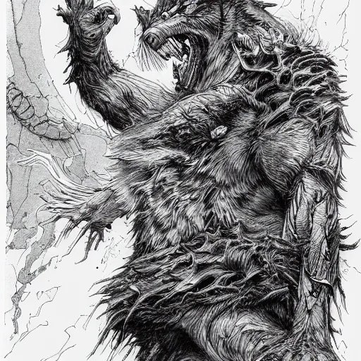 Prompt: Jordan Peterson werewolf talking at a podium, pen and ink, intricate line drawings, by Yoshitaka Amano, Ruan Jia, Kentaro Miura, Artgerm, watercolor