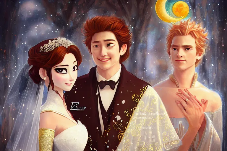 Image similar to a cinematic portrait of wedding photograph jpeg close up moment of a divine a japan sun god and moon goddess lovers magician at a wedding banquet. portraiture. digital painting. artstation. concept art. wedding photo. digital painting. frozen ii art masterpiece by art by krenz cushart