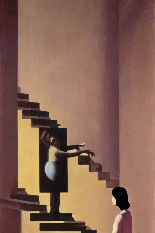 Prompt: painting of beautiful woman on infinite staircase watching man falling down, by de chirico, by magritte, by paula rego