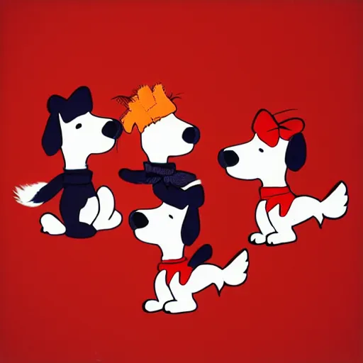 Prompt: 3 toy fox terriers flying a biplane, wearing red scarves flapping in wind, dramatic oil painting, snoopy the dog, style of charlie brown, aperture gradient