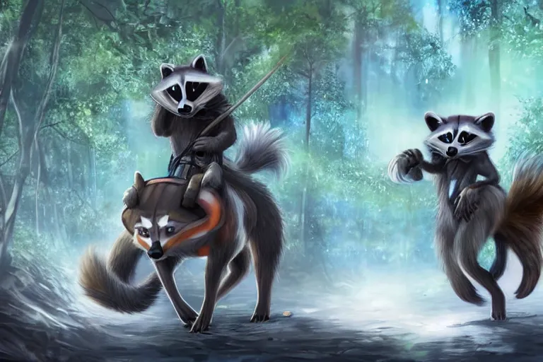 Prompt: an anthro raccoon character riding foxback in the saddle of an oversized fox through a forest, glowing with silver light, today's featured anime still, 1 6 k, character design, furry art, furaffinity