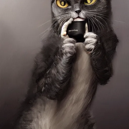 Image similar to a big dark angry powerful menacing grey cat wearing a suit. Holding a beer. Waving into the camera. With long fur and fluffy tail sitting, intricate, elegant, highly detailed, digital painting, artstation, concept art, matte, sharp focus, illustration, art by Artgerm and Greg Rutkowski and Alphonse Mucha