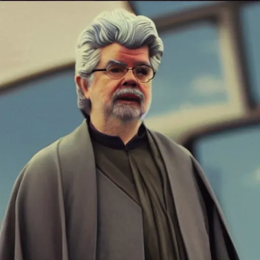 Prompt: a cinematic photo of george lucas dressed as a jedi on his way to work at the kwik - e - mart from the simpsons, beautiful, breaking bad, canon, elegant, star wars, 4 k,