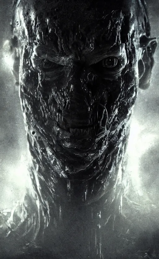 Image similar to a close up sci fi horror quarter - length portrait of dark figure surrounded by darkness and mist, horror movie poster, cinematic lighting, smooth, high detail, glowing eyes, studio quality, highly detailed, centered, octane render, by alexandros pyromallis, fog volumes, metal panels, greeble detail, frank frazetta, cgsociety