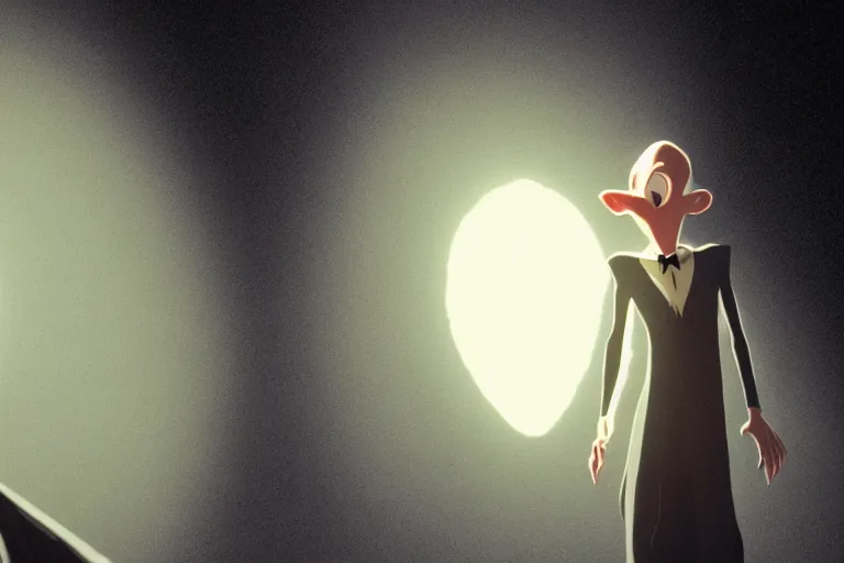 Image similar to a wholesome animation key shot of!! one!! focused!! popstar nosferatu!! singing at a concert!! wearing golden chain!!, medium shot, studio ghibli, ( pixar ) and disney animation, sharp, very detailed, high resolution, rendered in unreal engine 5, anime key art by greg rutkowski, bloom, dramatic lighting